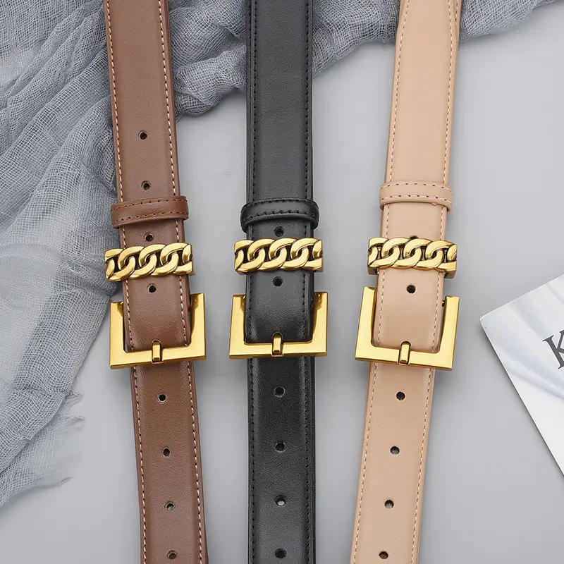 Women's Brown Cowhide Buckle Belt with Gold Plated Buckle - Image 11