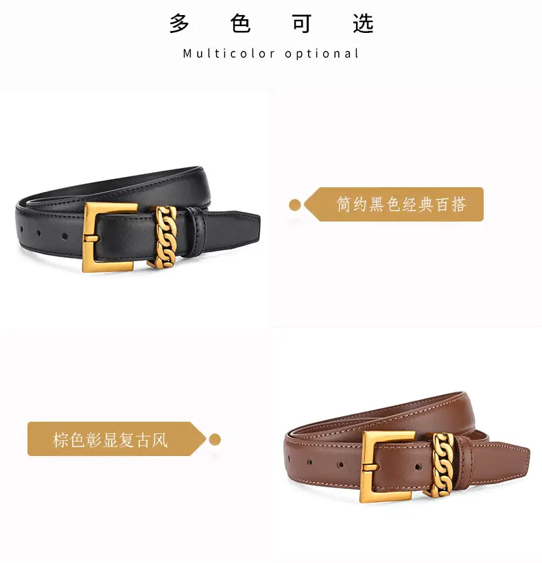 Women's Brown Cowhide Buckle Belt with Gold Plated Buckle — feature 10