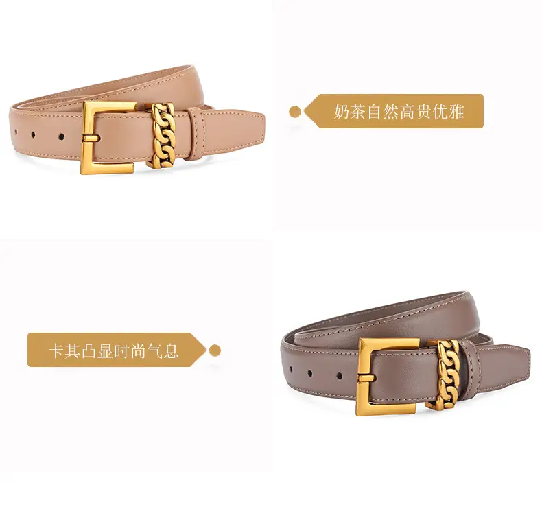 Women's Brown Cowhide Buckle Belt with Gold Plated Buckle — feature 11