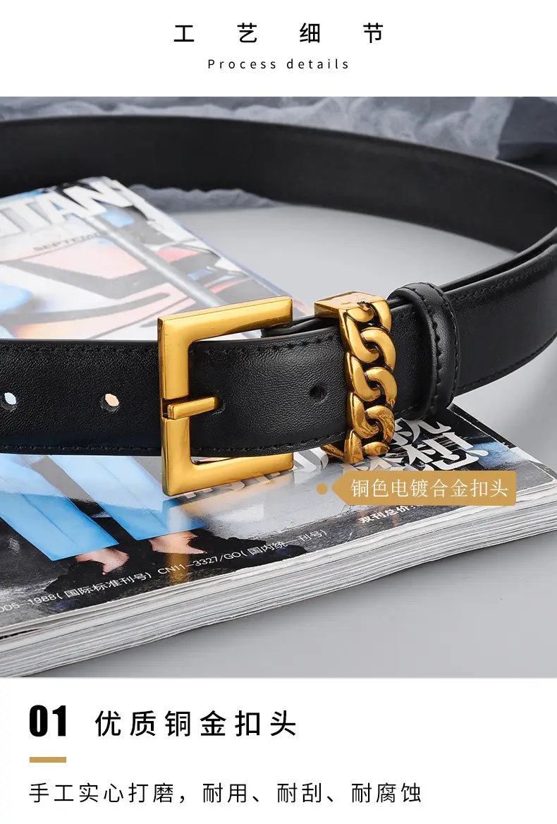 Women's Brown Cowhide Buckle Belt with Gold Plated Buckle — feature 12