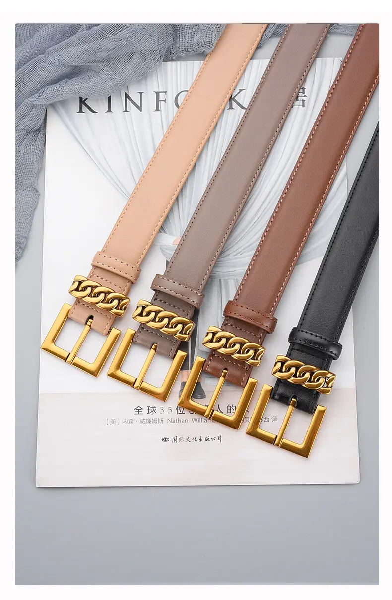 Women's Brown Cowhide Buckle Belt with Gold Plated Buckle — feature 15