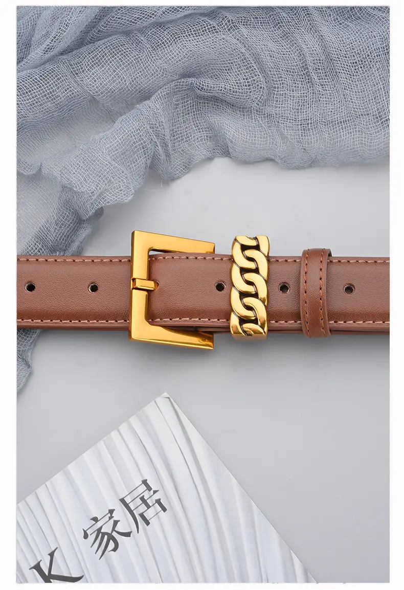 Women's Brown Cowhide Buckle Belt with Gold Plated Buckle — feature 16