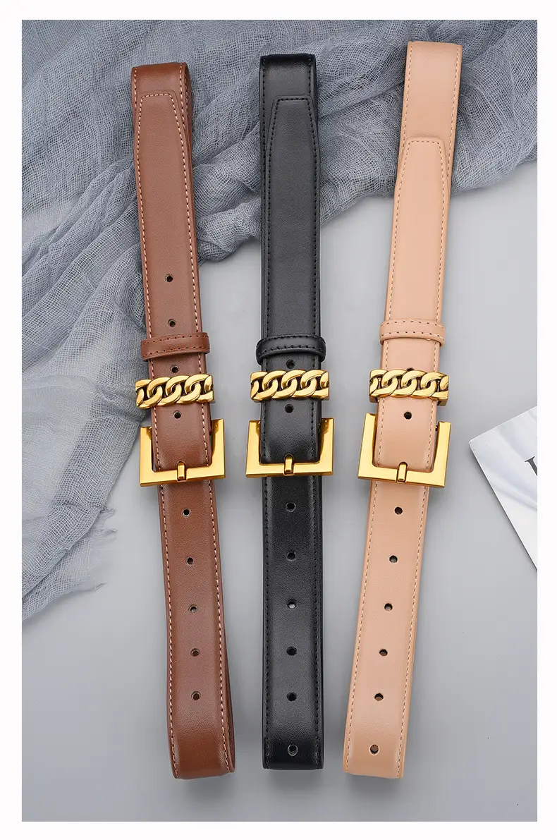 Women's Brown Cowhide Buckle Belt with Gold Plated Buckle — feature 17