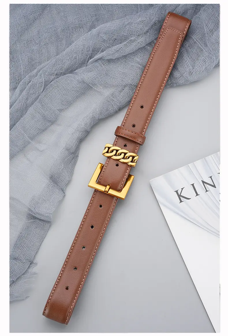 Women's Brown Cowhide Buckle Belt with Gold Plated Buckle — feature 18