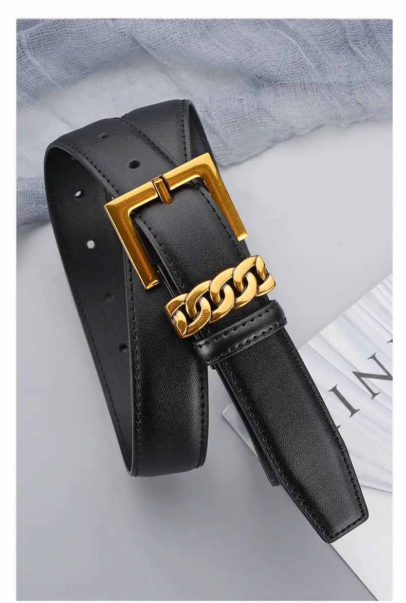 Women's Brown Cowhide Buckle Belt with Gold Plated Buckle — feature 19