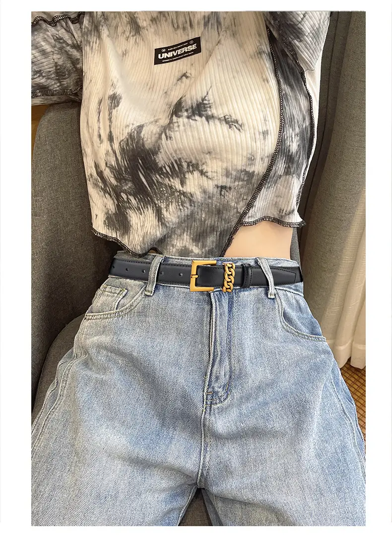 Women's Brown Cowhide Buckle Belt with Gold Plated Buckle — feature 3