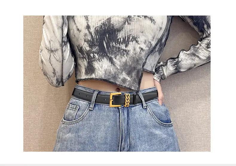 Women's Brown Cowhide Buckle Belt with Gold Plated Buckle — feature 4