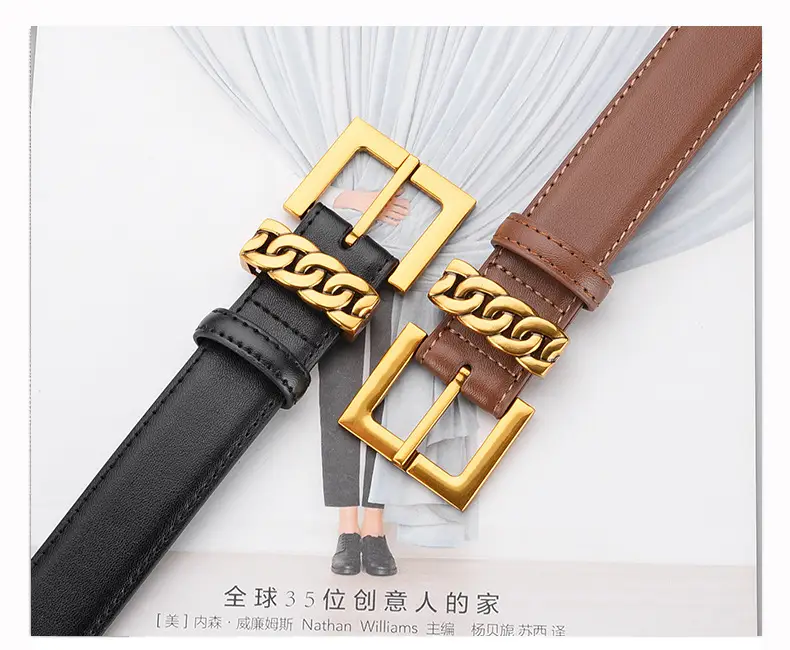Women's Brown Cowhide Buckle Belt with Gold Plated Buckle — feature 6