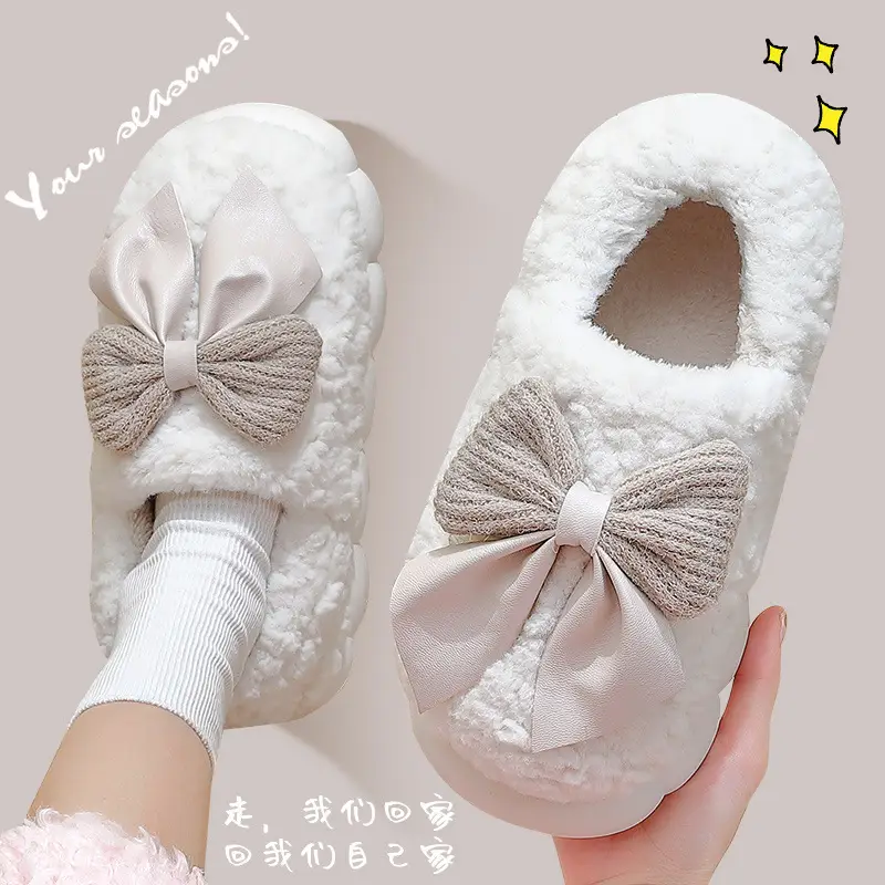 Autumn and winter cotton slippers women's bag with bow girls cotton shoes indoor warm home non-slip fluffy slippers wholesale - Image 4