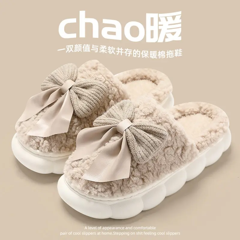 Autumn and winter cotton slippers women's bag with bow girls cotton shoes indoor warm home non-slip fluffy slippers wholesale - Image 2