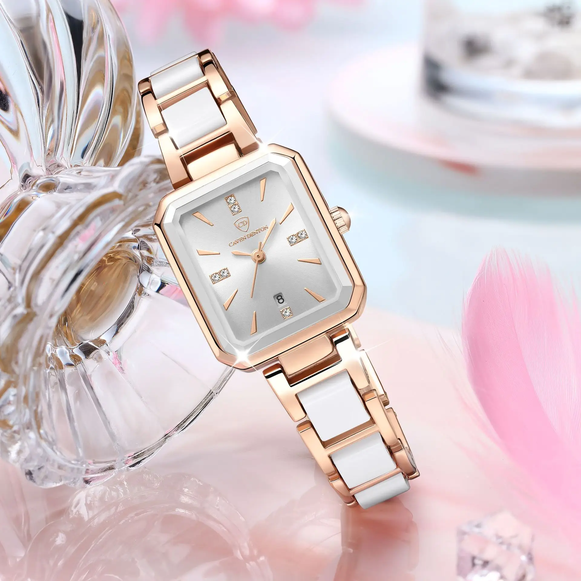 Luxury Quartz Women's Square Watch with Diamond Dial & Rose Gold Band - Image 4