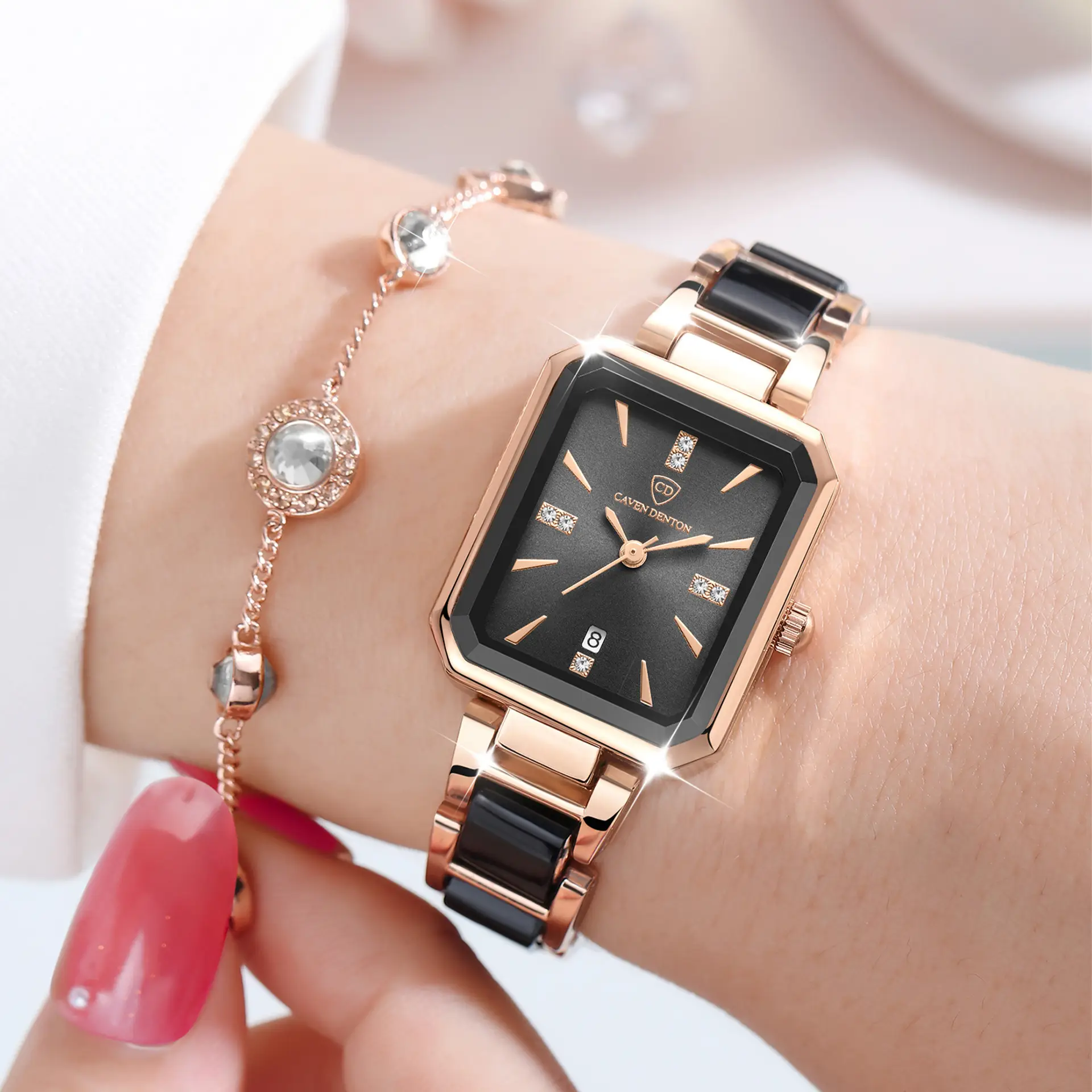 Luxury Quartz Women's Square Watch with Diamond Dial & Rose Gold Band - Image 5