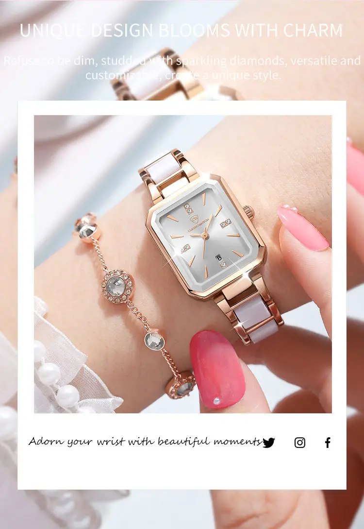 Luxury Quartz Women's Square Watch with Diamond Dial & Rose Gold Band — feature 12