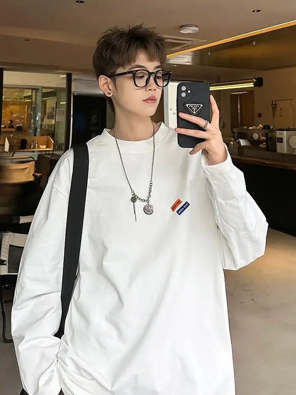 Men White Heavy Long Sleeve T-Shirt Oversize Spring Autumn - Image 3