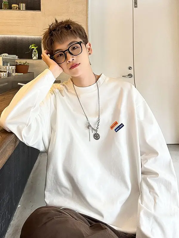 Men White Heavy Long Sleeve T-Shirt Oversize Spring Autumn - Image 6