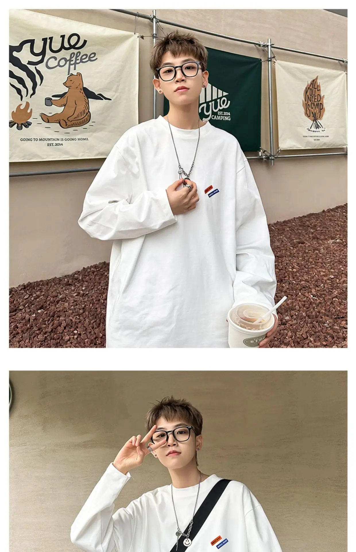 Men White Heavy Long Sleeve T-Shirt Oversize Spring Autumn — feature 7
