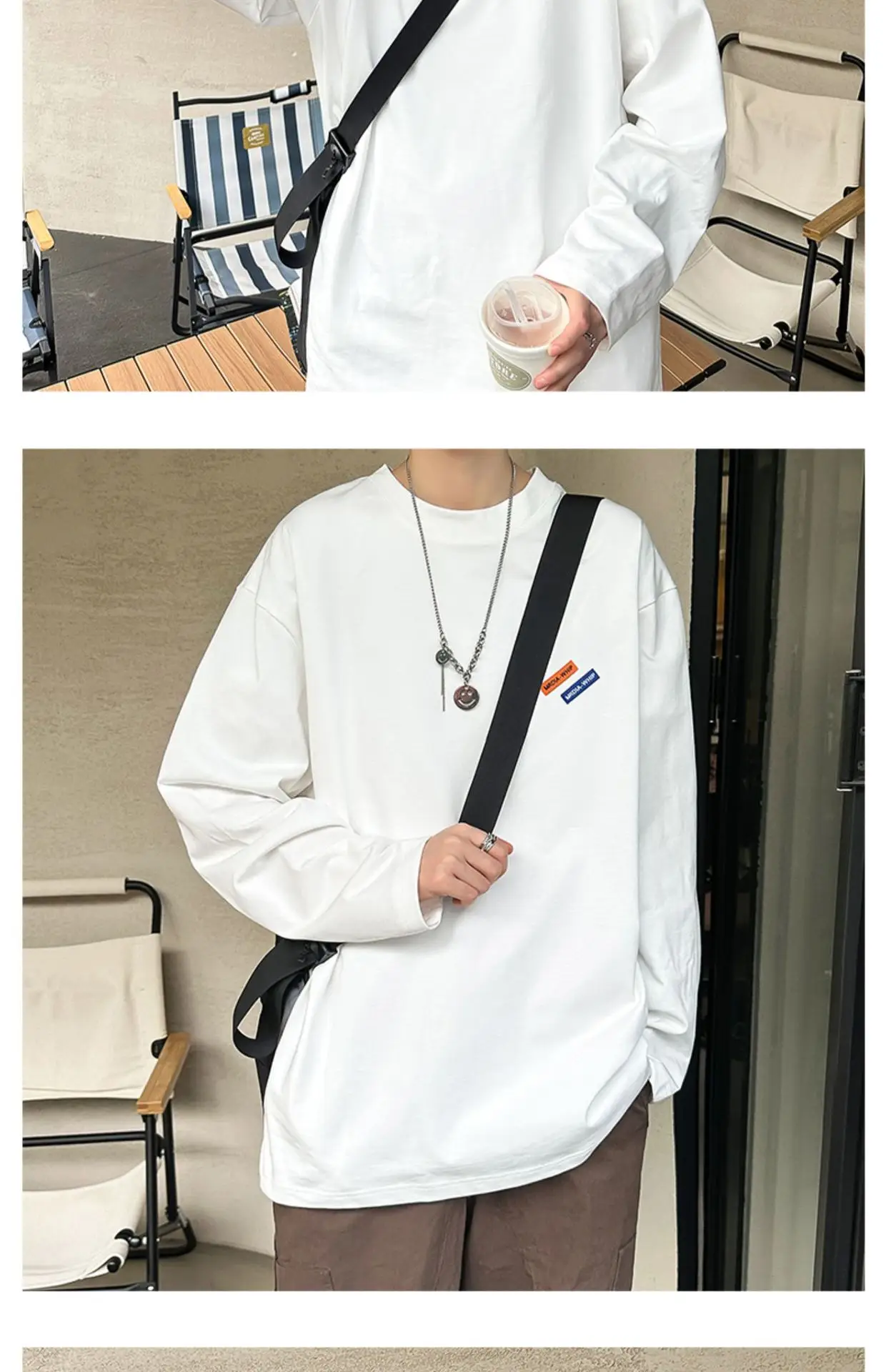 Men White Heavy Long Sleeve T-Shirt Oversize Spring Autumn — feature 8