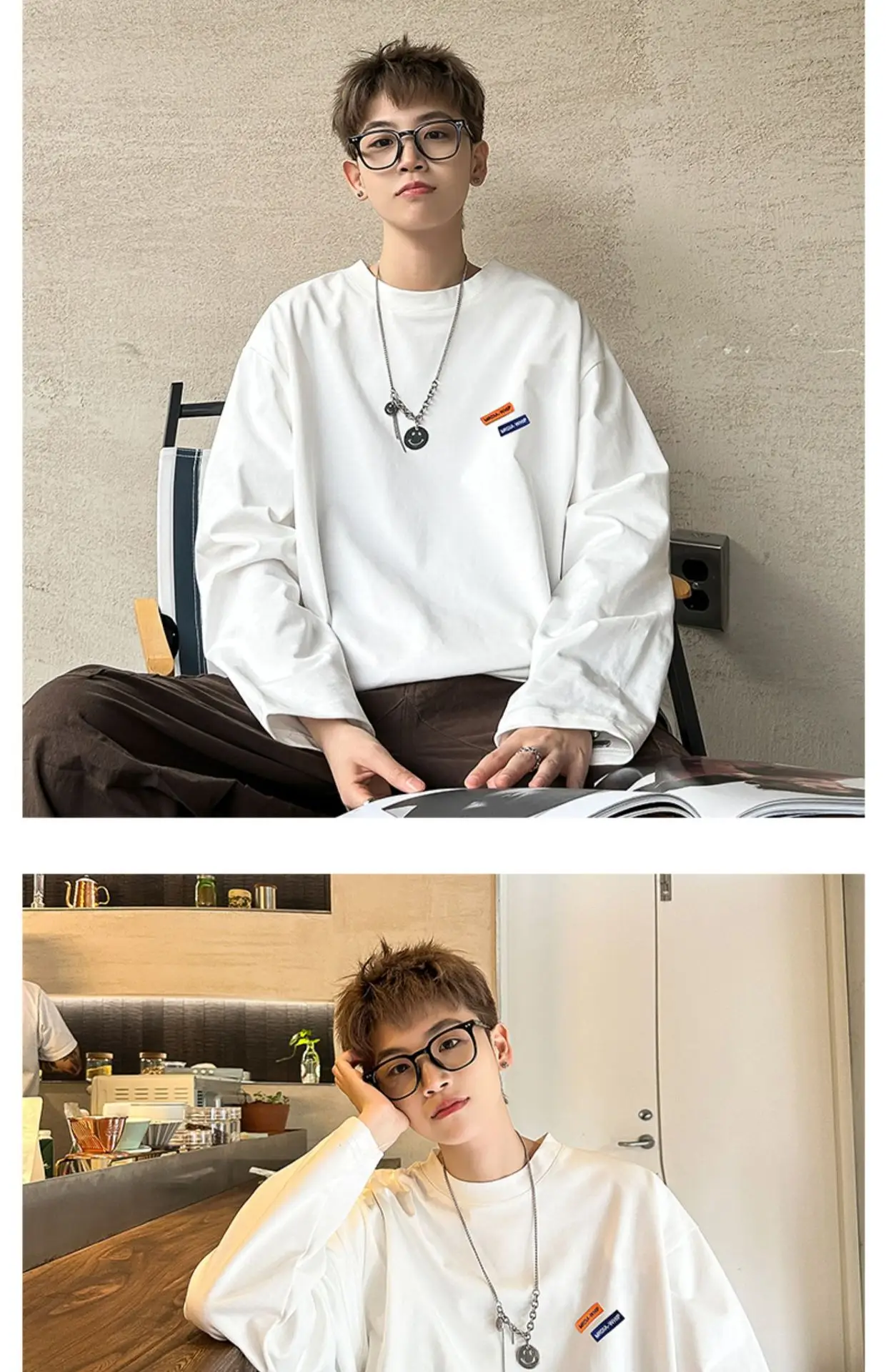 Men White Heavy Long Sleeve T-Shirt Oversize Spring Autumn — feature 9