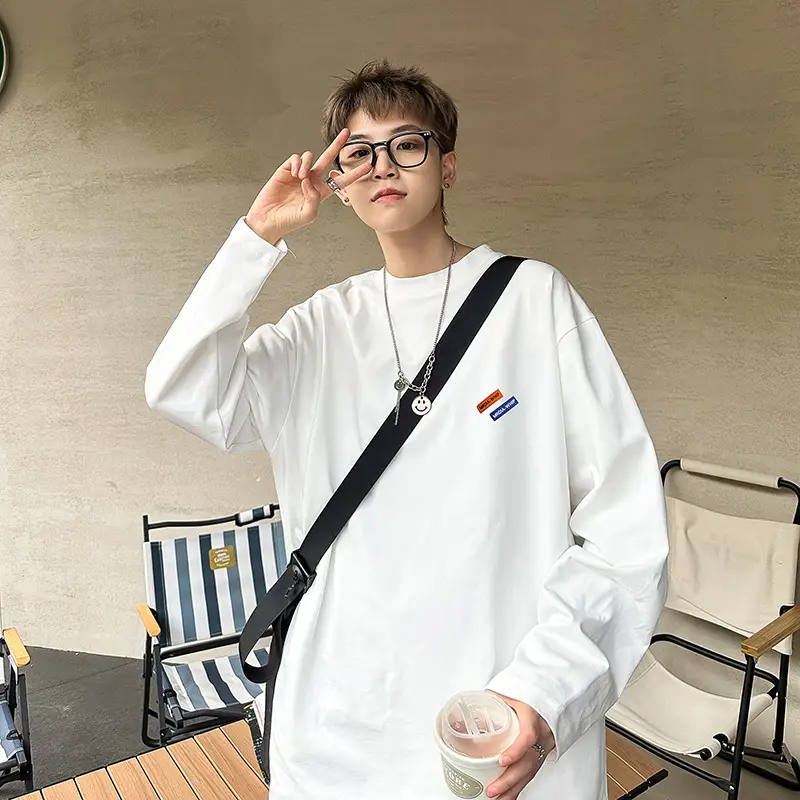 Men White Heavy Long Sleeve T-Shirt Oversize Spring Autumn - Image 2