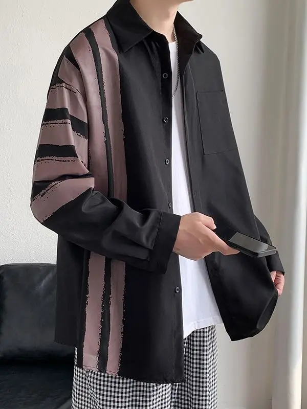 Men Long Sleeve Shirt White Green Stripes Loose Fit - Image 4