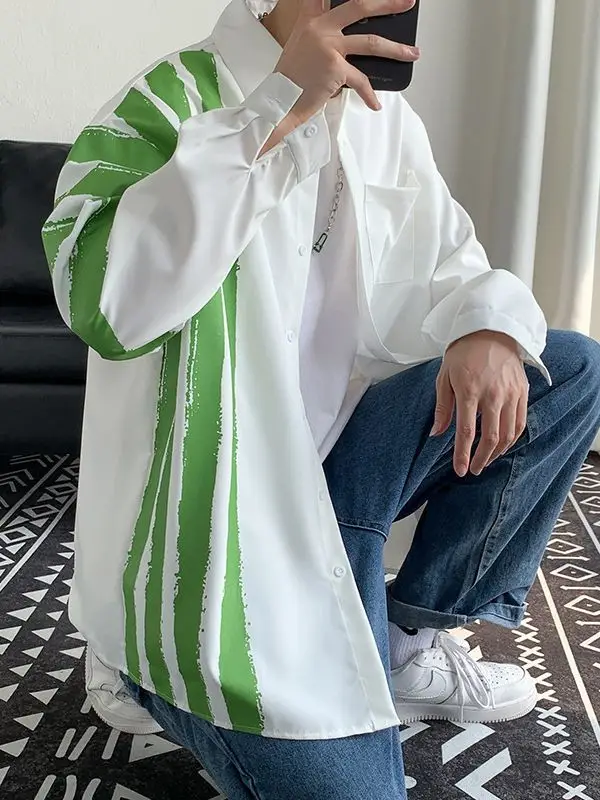 Men Long Sleeve Shirt White Green Stripes Loose Fit - Image 5