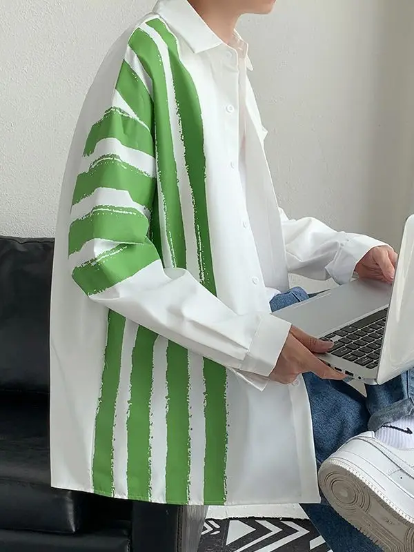 Men Long Sleeve Shirt White Green Stripes Loose Fit - Image 6