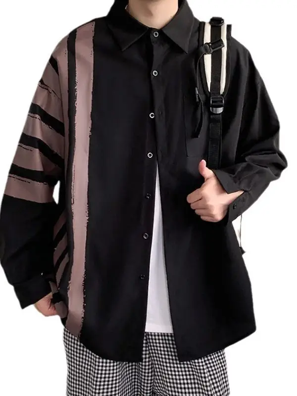 Men Long Sleeve Shirt White Green Stripes Loose Fit - Image 7