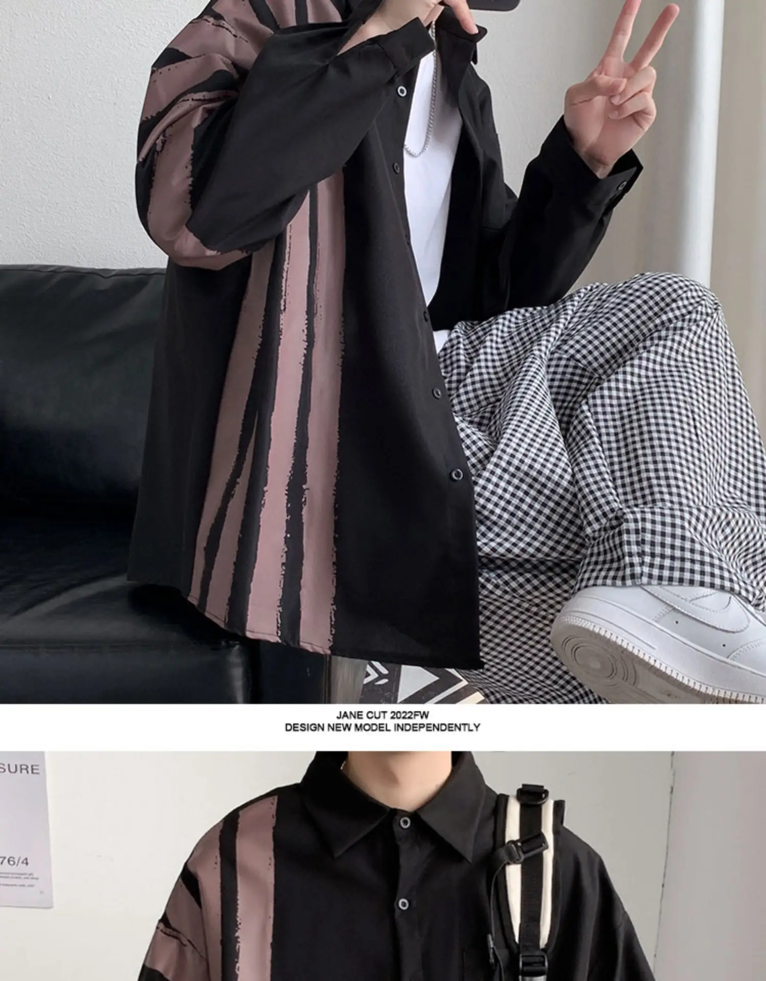 Men Long Sleeve Shirt White Green Stripes Loose Fit — feature 10