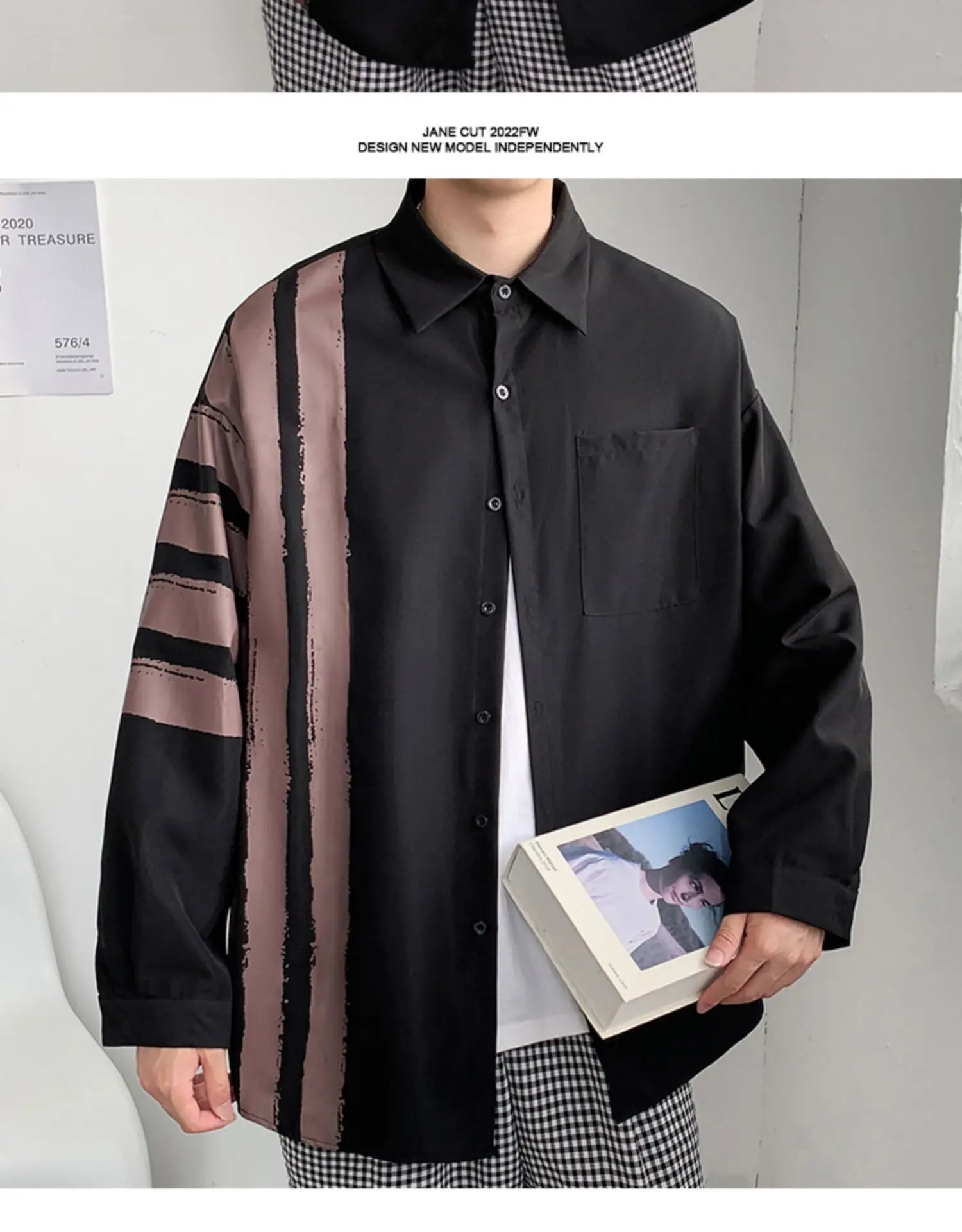 Men Long Sleeve Shirt White Green Stripes Loose Fit — feature 12