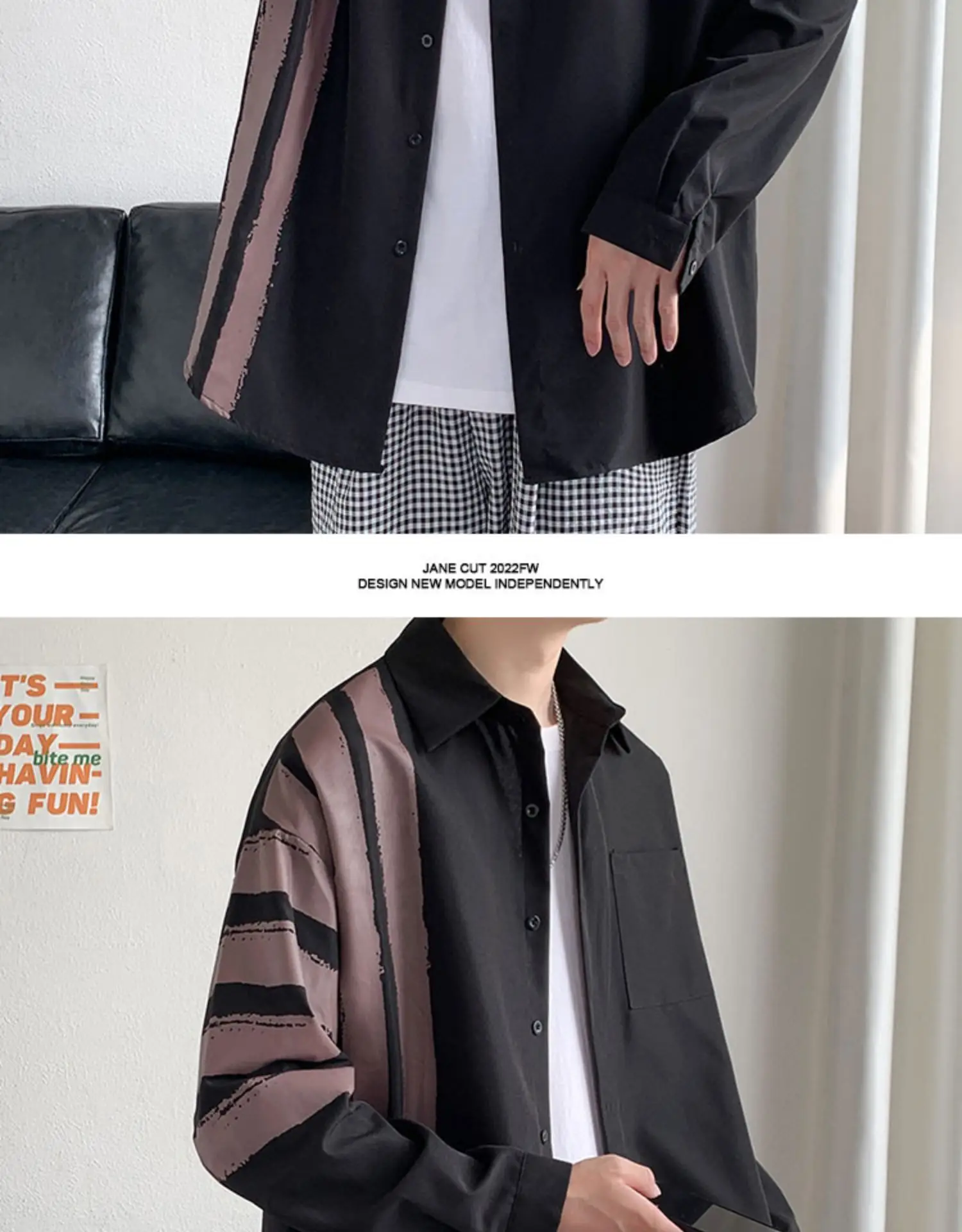 Men Long Sleeve Shirt White Green Stripes Loose Fit — feature 8