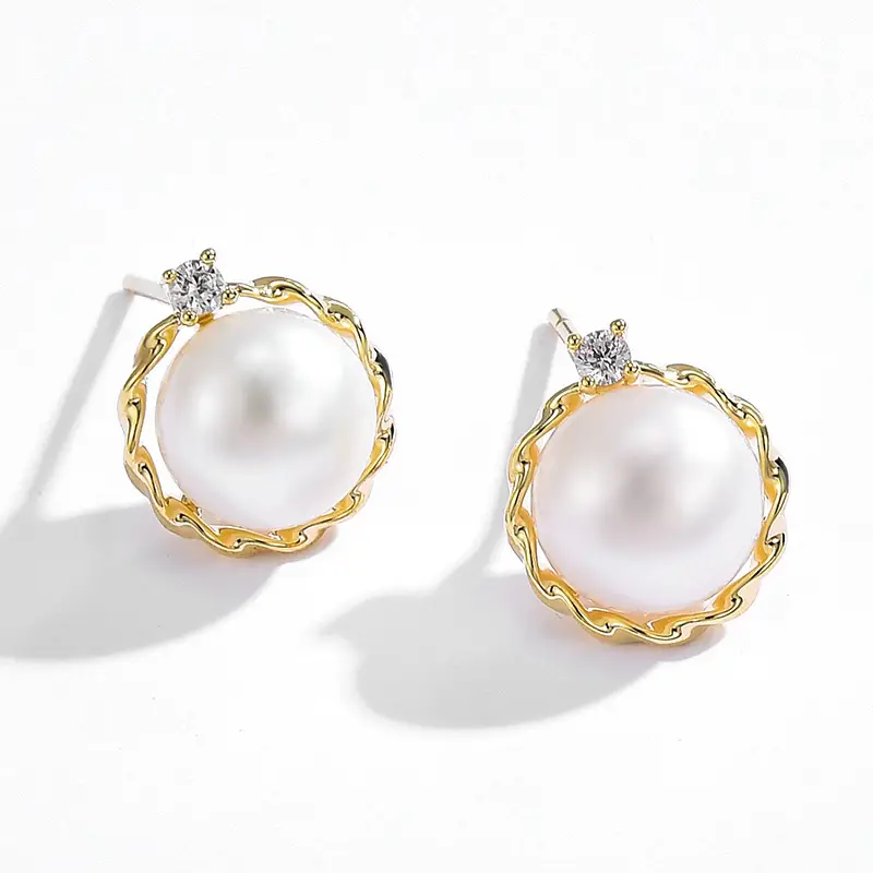 Natural Pearl Earrings S925 Silver Needle Pleated Circle Single Zircon