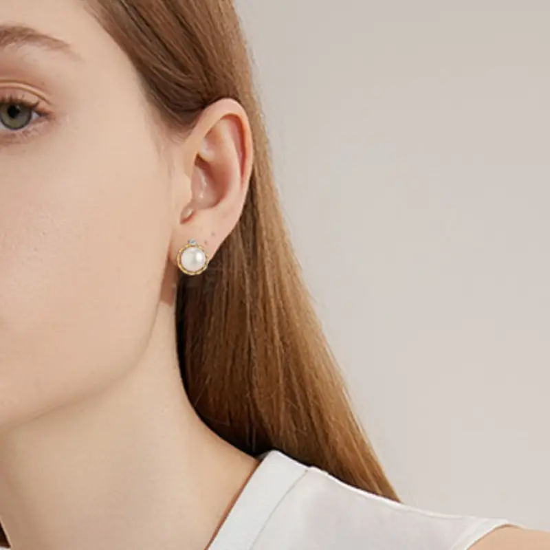 Natural Pearl Earrings S925 Silver Needle Pleated Circle Single Zircon