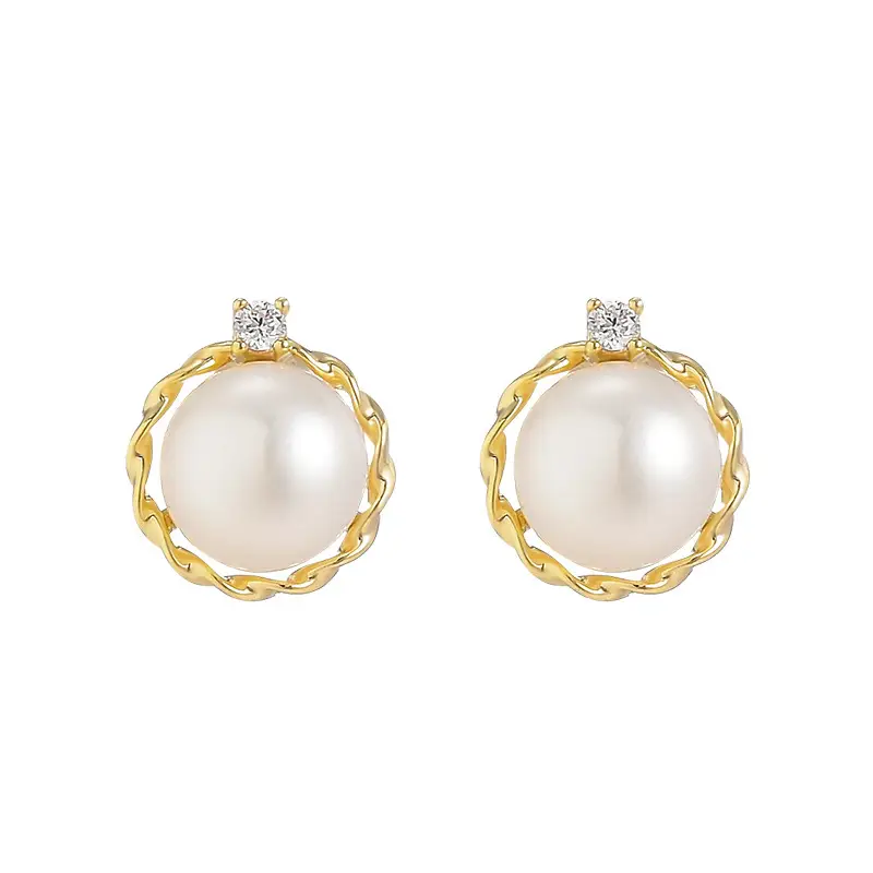 Natural Pearl Earrings S925 Silver Needle Pleated Circle Single Zircon