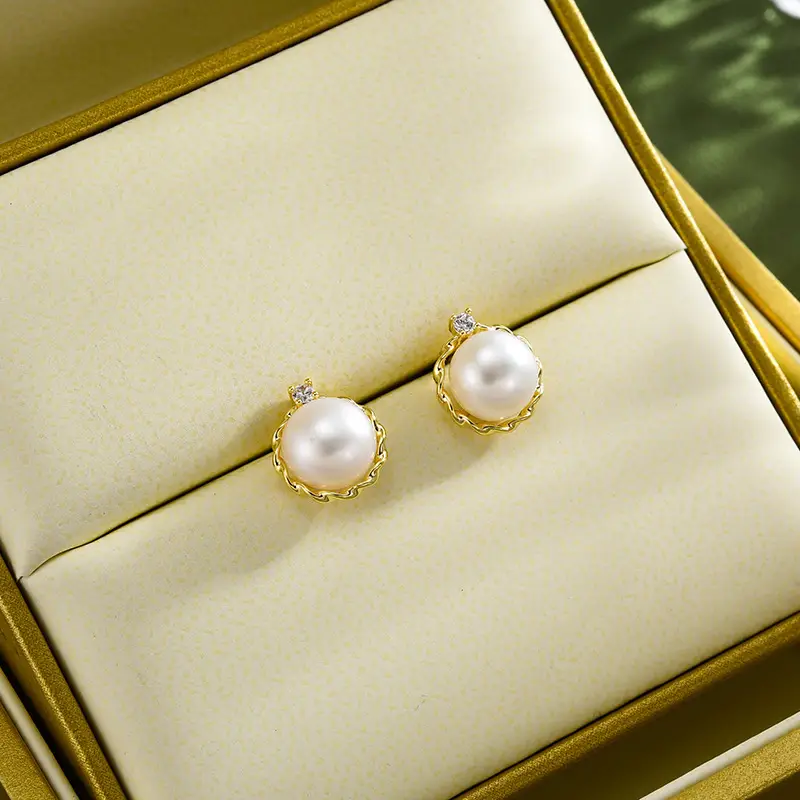 Natural Pearl Earrings S925 Silver Needle Pleated Circle Single Zircon — feature 10