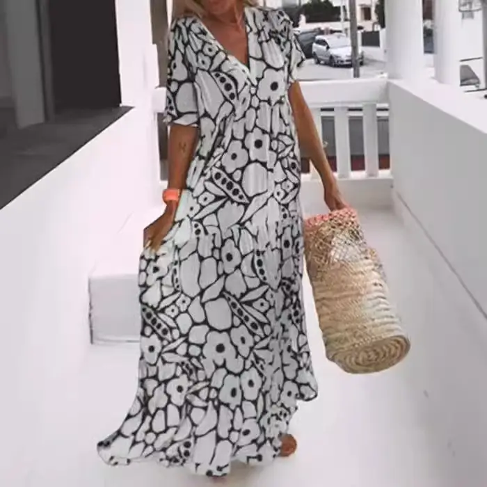 2023 Printed V-Neck Long Dress Women Black White - Image 6
