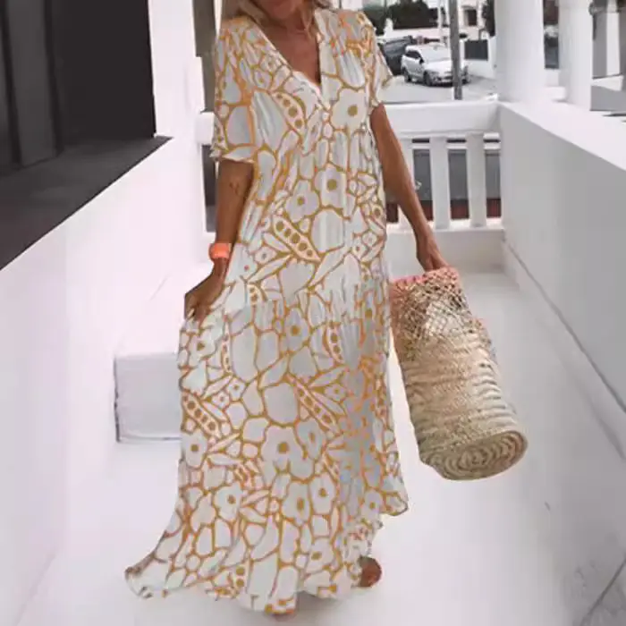 2023 Printed V-Neck Long Dress Women Black White - Image 7