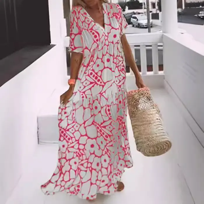 2023 Printed V-Neck Long Dress Women Black White - Image 8