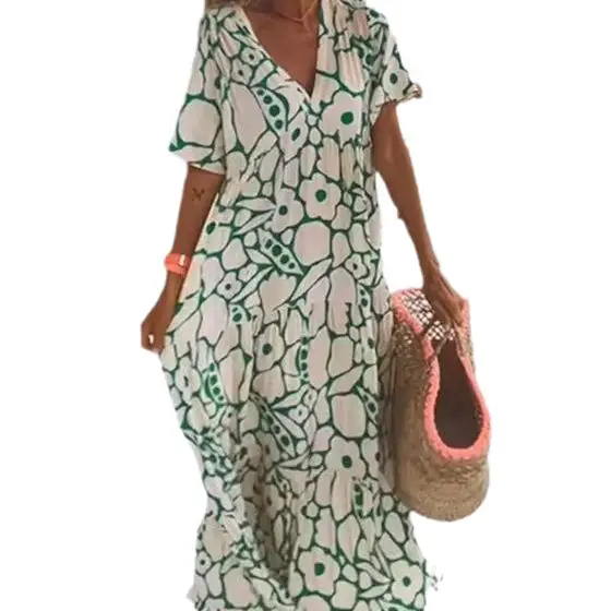 2023 Printed V-Neck Long Dress Women Black White - Image 9