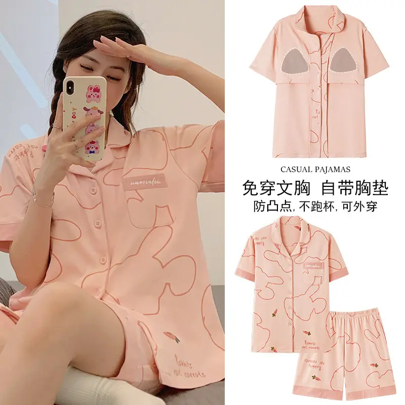 Women Cotton Pajamas with Breast Pads Summer Set - Image 4