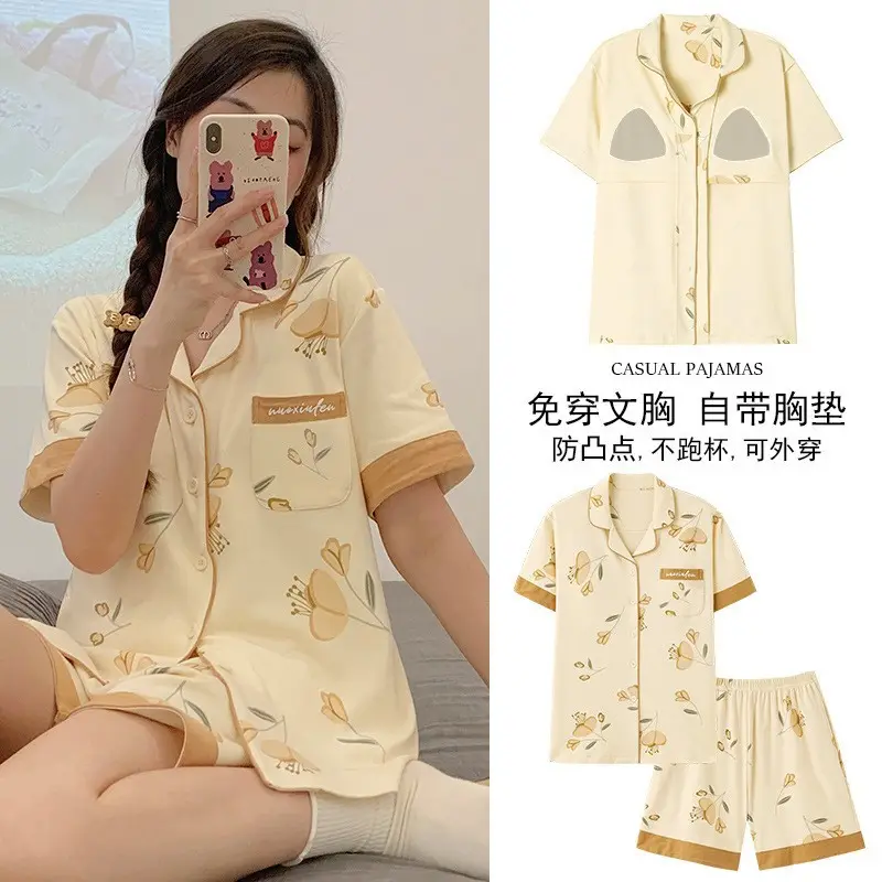 Women Cotton Pajamas with Breast Pads Summer Set - Image 11