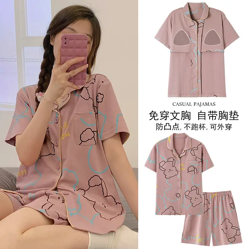 Women Cotton Pajamas with Breast Pads Summer Set - Image 5