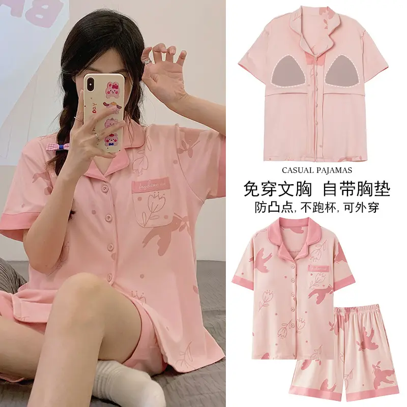 Women Cotton Pajamas with Breast Pads Summer Set - Image 7