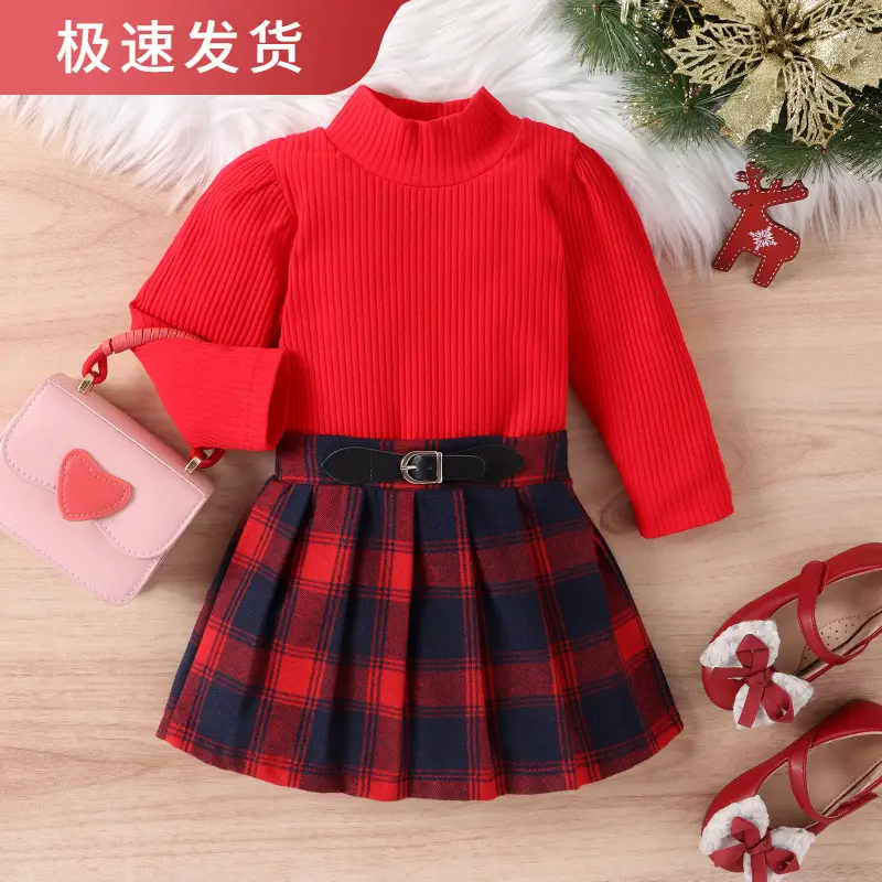 Red Plaid Long Sleeve Top with Fake Belt for Girls