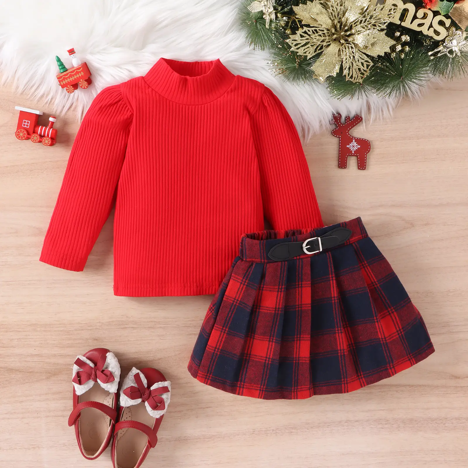 Red Plaid Long Sleeve Top with Fake Belt for Girls