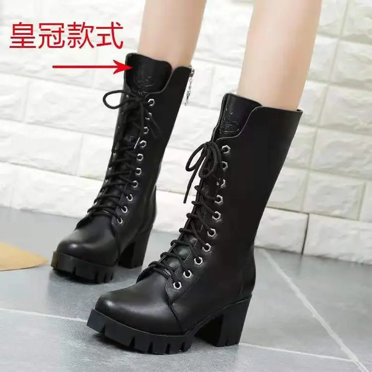 Boots for Women 2024 Summer Single Boots Thin Thick Sole Heightening Lace up Short Boots Versatile Mid-Calf Motorcycle Boots Retro - Image 3