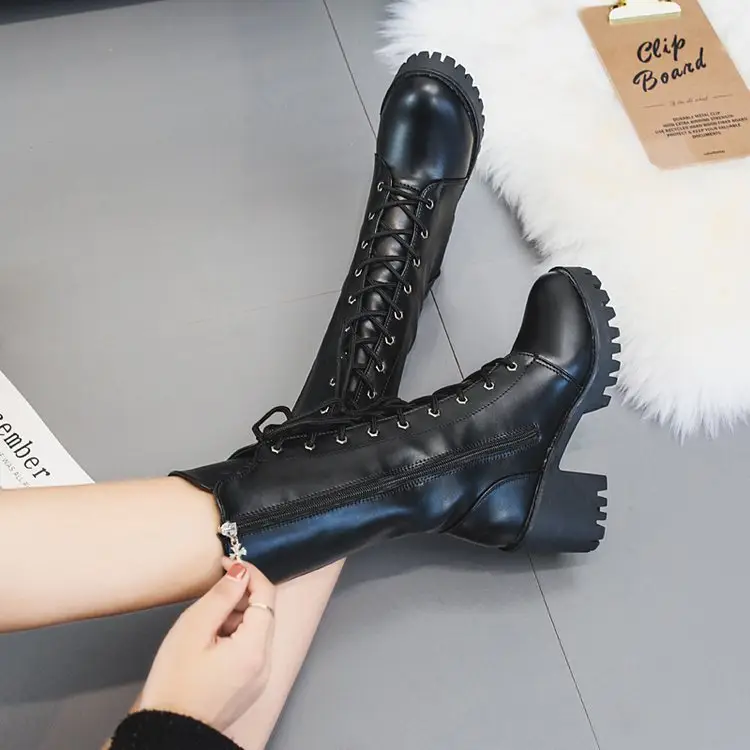 Boots for Women 2024 Summer Single Boots Thin Thick Sole Heightening Lace up Short Boots Versatile Mid-Calf Motorcycle Boots Retro - Image 4