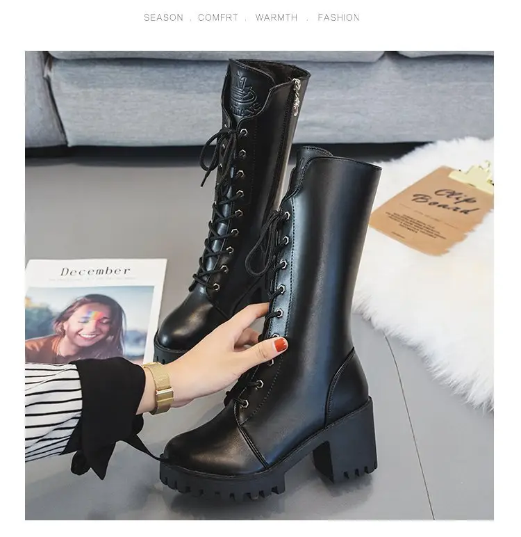 Boots for Women 2024 Summer Single Boots Thin Thick Sole Heightening Lace up Short Boots Versatile Mid-Calf Motorcycle Boots Retro — feature 2