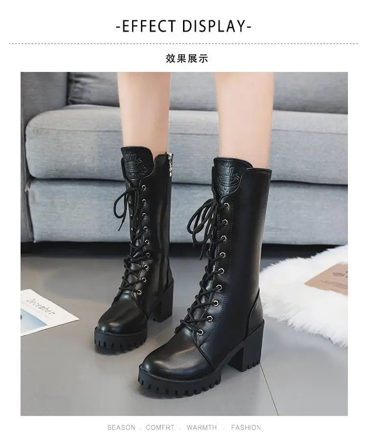 Boots for Women 2024 Summer Single Boots Thin Thick Sole Heightening Lace up Short Boots Versatile Mid-Calf Motorcycle Boots Retro — feature 3