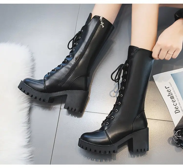 Boots for Women 2024 Summer Single Boots Thin Thick Sole Heightening Lace up Short Boots Versatile Mid-Calf Motorcycle Boots Retro — feature 4