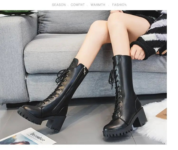 Boots for Women 2024 Summer Single Boots Thin Thick Sole Heightening Lace up Short Boots Versatile Mid-Calf Motorcycle Boots Retro — feature 6